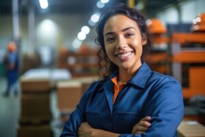 Smiling woman in warehouse