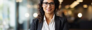 Hispanic smiling toothy Latino Indian successful confident Arabian businesswoman worker lady boss female leader girl business woman posing crossed hands looking at camera in office corporate portrait. High quality photo
