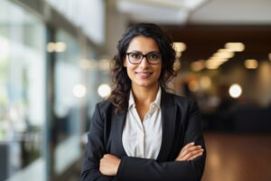Hispanic smiling toothy Latino Indian successful confident Arabian businesswoman worker lady boss female leader girl business woman posing crossed hands looking at camera in office corporate portrait. High quality photo